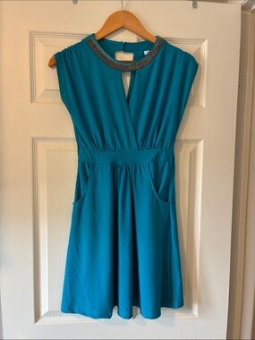KATIE Teal Sleeveless V-Neck A-Line Dress with Embellished Neckline SIZE S